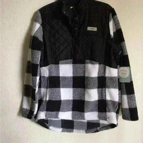 Magellan Quilted Sherpa  Mix Media Gorpcore Pullover Buffalo Check Black White L - Picture 2 of 9